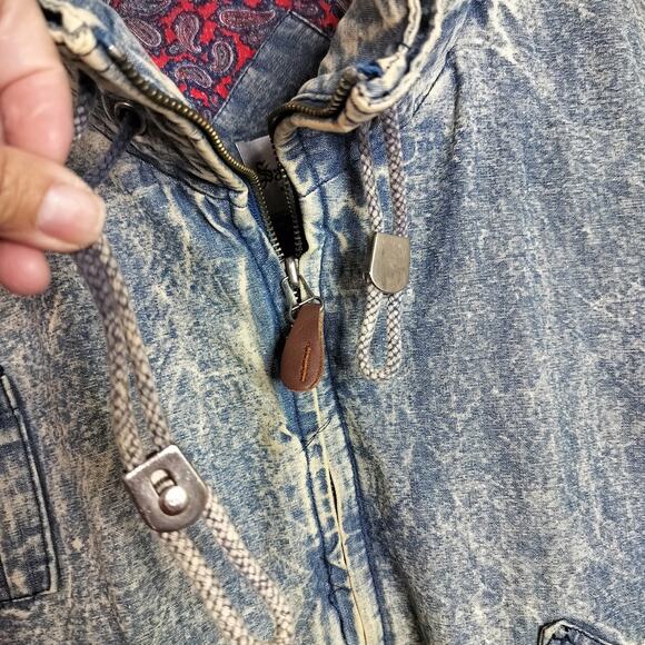 4377)Vtg 80s M Saxton Hall Unisex Acid wash Denim Hooded Paisley Bomber Jacket - Picture 9 of 14